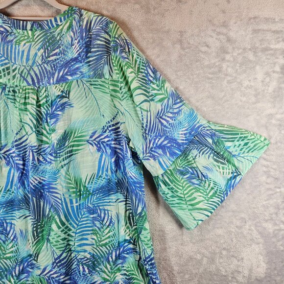 Catherines Blouse 1X Womens Bell Sleeve Top Blue Green Leaf Print Gauzy Peasant - Picture 11 of 14